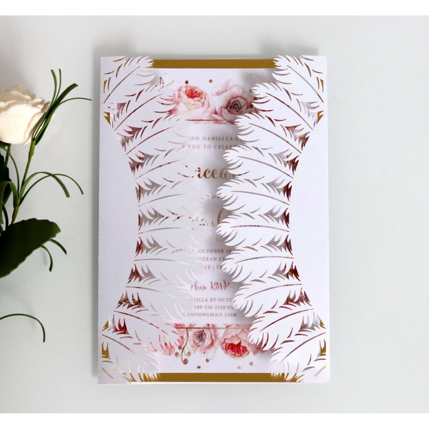 White Wedding Invitation Card Feather Pattern Laser-hollowed Design